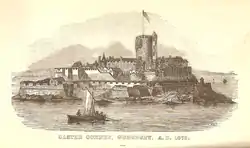 A 1672 engraving of Castle Cornet showing the keep that was destroyed by an explosion later that year.