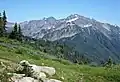 Cat Peak, Mt. Fairchild, and Mt. Carrie seen from the west along High Divide