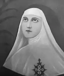 B&W drawing of a young woman in a Catholic religious habit looking up.