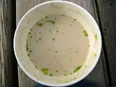 Cauliflower cheese soup prepared with blue cheese, topped with olive oil