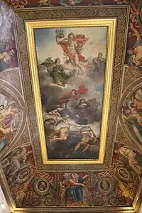 Neoclassical ceiling of the Salle Duchâtel in the Louvre Palace, with The Triumph of French Painting. Apotheosis of Poussin, Le Sueur and Le Brun in the centre, by Charles Meynier, 1822, and ceilings panels with medallion portraits of French painters, 1828-1833