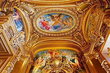 Ceiling of the octagonal salon at the eastern end with Jules-Élie Delaunay's central oval panel, The Zodiac, and over-door panel, Apollo Receiving the Lyre