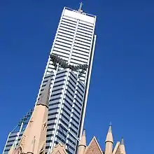 The building seen behind the spires of the Wesley Church