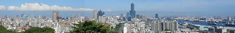 Skyline of a city, showing several tall skyscrapers.
