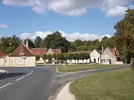 The centre of Villegongis, with the town hall, the hall, the church, the well and the inn