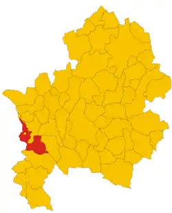 Cerasuolo (yellow dot) shown within the municipality of Filignano (dark red) and the Province of Isernia