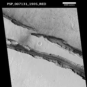 The Cerberus Fossae in the Elysium quadrangle, as seen by HiRISE (scale bar is 1.0 km)