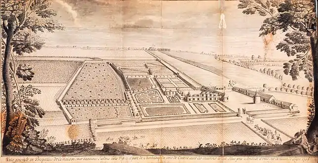 "General perspective view of the house, courtyard, service courtyard, gardens, woods, vineyards, and park of Chanteloup from the entrance side with the environs, all situated near Amboise, and view toward the Loire River" (1708)