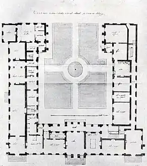 Plan of the ground floor of the Château de Chanteloup (north at the bottom) with the colonnades added by Louis-Denis Le Camus to the cour d'honneur