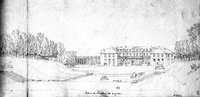 View of the south (garden) facade with the colonnades and pavilions added by Le Camus (undated drawing from the Bibliothèque nationale de France)