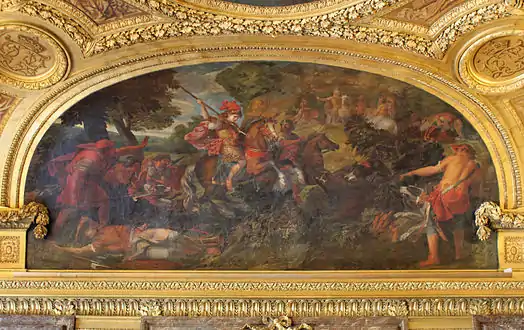 Painting of the Persian emperor Cyrus the Great hunting wild boar, by Claude Audran II, located in the Salon de Diane