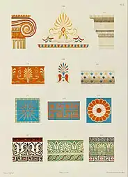 19th century illustration of multiple polychrome elements of Ancient Greek architecture, including an Ionic capital in the top left, by Jacques Ignace Hittorff