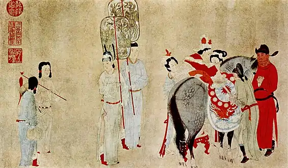 Detail showing Yang Guifei mounting a horse, from 1250 to 1300.