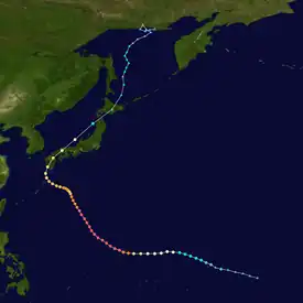 Map showing the path of a tropical cyclone as represented by colored dots. The location of each dot corresponds to the storm's position at six-hour intervals, and the color of each dot denotes its intensity at that position.