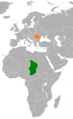 Map indicating locations of Chad and Romania