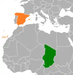 Map indicating locations of Chad and Spain