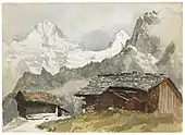 Watercolor of Mürren, the Breithorn in the background, chalets in the foreground