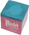 A cube of blue chalk with a paper wrapper on all sides but one; a rounded indentation appears at the top where a cue would be chalked