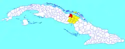 Chambas municipality (red) within  Ciego de Ávila Province (yellow) and Cuba