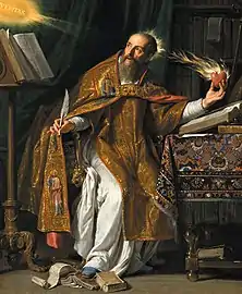 Augustine of Hippo holding a heart in his hand which is set alight by a ray emanating from divine Truth (Veritas), painting by Philippe de Champaigne, c. 1650.