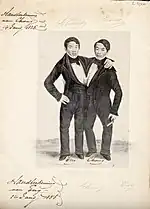 Siamese twins Chang and Eng, promotional lithograph by Alfred Hoffy, c.1836–37