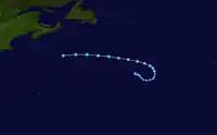 The track of Tropical Storm Chantal. It starts in the northeast Atlantic Ocean and continues horizontally, before taking a turn in the opposite direction toward the end of its life.