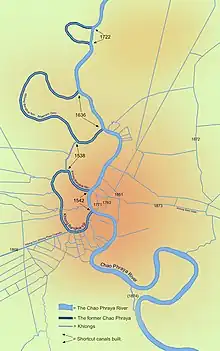 Construction of Bangkok's major canals over time, the earliest dating to the reign of King Chairacha (r. 1534–1546)