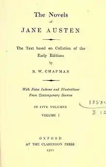 Title page reads "The Novels of Jane Austen, The Text based on Collation of the Early Editions by R. W. Chapman, With Notes Indexes and Illustrations from Contemporary Sources, In Five Volumes, Volume I, Oxford, At the Clarendon Press, 1923