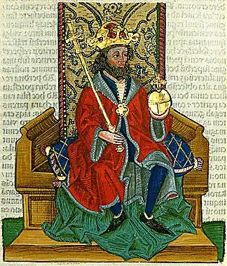 Chronica Hungarorum, Thuróczy chronicle, King Charles II of Hungary, King Charles the Short, throne, crown, orb, scepter, medieval, Hungarian chronicle, book, illustration, history