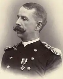 Sepia toned photo left profile of Major General Charles L. Hodges as a captain in dress uniform  in 1896