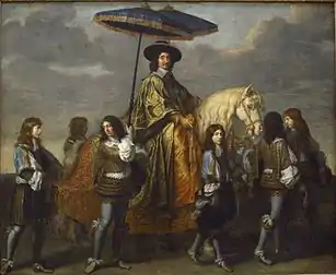 A painting of Chancellor Pierre Séguier with a parasol hoisted above his head, by Charles Le Brun, 1670