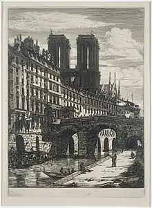 A drawing of a bridge in Paris with boats in the water under it and large buildings surrounding it