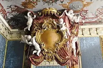 Baroque cartouche with putti, above a mirror in the bedchamber of the Mecklenburg Apartment, Charlottenburg Palace, Berlin, unknown architect, 17th century
