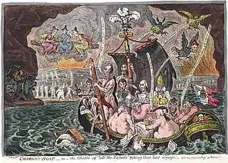 A group of naked British Whig politicians, including three Grenvilles, Sheridan, St. Vincent, Moira, Temple, Erskine, Howick, Petty, Whitbread, Sheridan, Windham, and Tomline, Bishop of Lincoln, crossing the river Styx in a boat named the Broad Bottom Packet. Sidmouth's head emerges from the water next to the boat. The boat's torn sail has the inscription "Catholic Emancipation" and the centre mast is crowned with the Prince of Wales feathers and the motto "Ich Dien". On the far side the shades of Cromwell, Charles Fox and Robespierre wave to them. Overhead, on brooms, are the Three Fates; to the left is a three-headed dog. Above the boat three birds soil the boat and politicians.