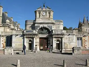 Renaissance Doric columns and entablature of the entrance gateway of the Château d'Anet, near Dreux, France, by Philibert de l'Orme, 1547-1552