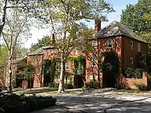 The garage side of some townhouses in Chatham Village