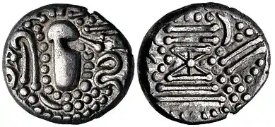 A Chaulukya-Paramara coin, circa 950-1050 CE. Stylized rendition of Chavda dynasty coins: Indo-Sassanian style bust right; pellets and ornaments around / Stylised fire altar; pellets around. of Chaulukya