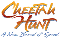 A script text "Cheetah Hunt" in yellow gradient, with blue outlining the bottom of each letter, creating depth. The word "Cheetah" features the yellow gradient fading into a darker hue of red, with the word "Hunt" in the reverse order. Beneath the main logo has italic text reading "A New Breed of Speed" in blue.
