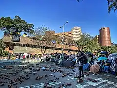 Confrontation between protesters and police in Cheong Wan Road near PolyU