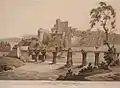 A view of the bridge over the River Wye, and the ruins of the Castle at Chepstow; 1812 print