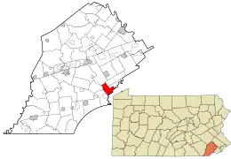 Location of Birmingham Township in Chester County, Pennsylvania (left) and of Chester County in Pennsylvania (right)