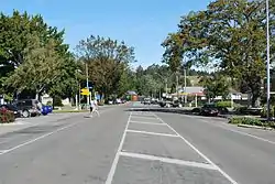 A straight street, divided by painted lines, passing through a town. The street is lined by parked vehicles, trees and buildings. Two men dressed in t-shirts and short are crossing the road from left to right in the middle distance.