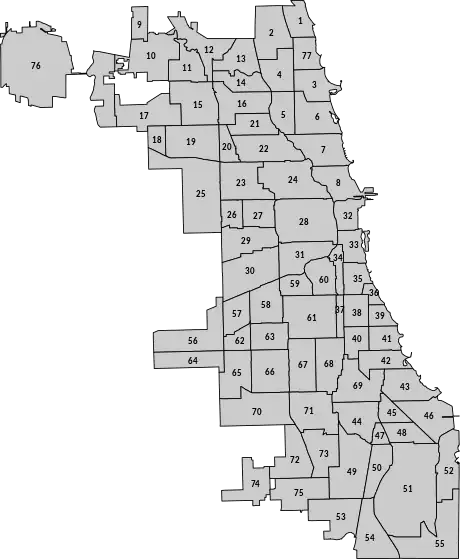 A list of the 77 Chicago community areas by number; the names are provided in the "List of community areas" section below. The areas are generally numbered from north to south, although the last two are in the north due to historical contingencies.