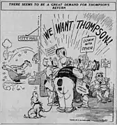Anti-Thompson cartoon run on the front page of the Chicago Tribune on March 28 depicting a "great demand for Thompson's return" among various sorts of grafters that Dever is depicted as having kicked out of City Hall and put "out of work for four years"