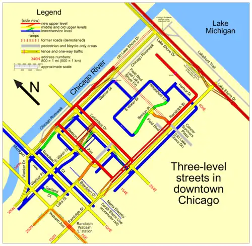 Image 17Map of the Multilevel streets in Chicago. Image credit: User:SPUI (from Portal:Illinois/Selected picture)