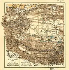 Map of the expeditions of Sven Hedin (1906-8) including Yeyik (labeled as Yayek) (RGS, early 20th century)