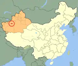 Aral (red) in Xinjiang Province (orange) and China