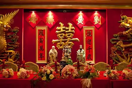 A traditional Chinese wedding reception, with double happiness decoration in the middle