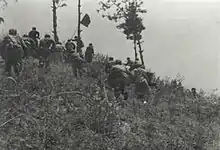 A group of soldier charging up a hill with a flag carrier in lead