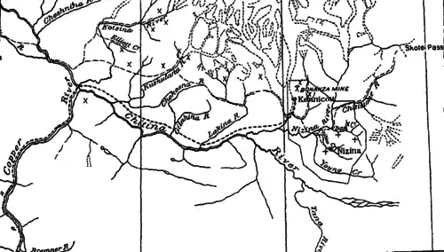 Map of the Chitina River valley.  "x" depicts a copper prospect while "+" depicts a gold placer.
